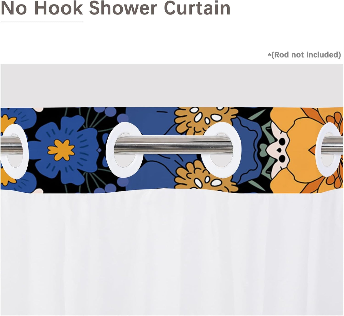 No Hook Shower Curtain,Dark Boho Flower Double-Layered Shower Curtain with Snap-in Liner and Weights,Yellow Blue Flower Floral Fabric Bath Curtain with See Through Mesh, 71x74in
