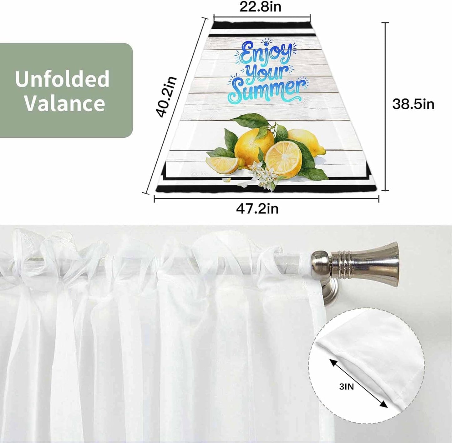 Waterfall Valance Curtain, Summer Lemon Flower Leaf Semi Sheer Kitchen Curtains Luxury Waterfall Valances for Windows, Farmhouse Wood Plank Black White Line Rod Pocket Curtain Valance for Living Room