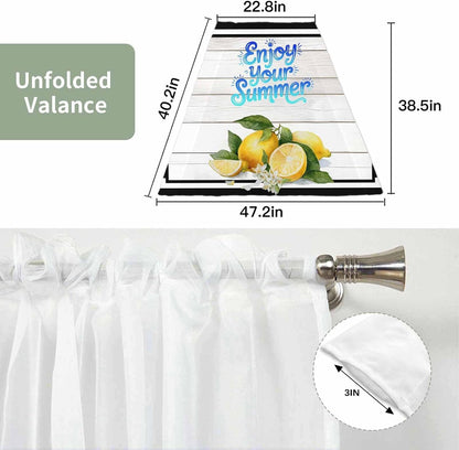 Waterfall Valance Curtain, Summer Lemon Flower Leaf Semi Sheer Kitchen Curtains Luxury Waterfall Valances for Windows, Farmhouse Wood Plank Black White Line Rod Pocket Curtain Valance for Living Room