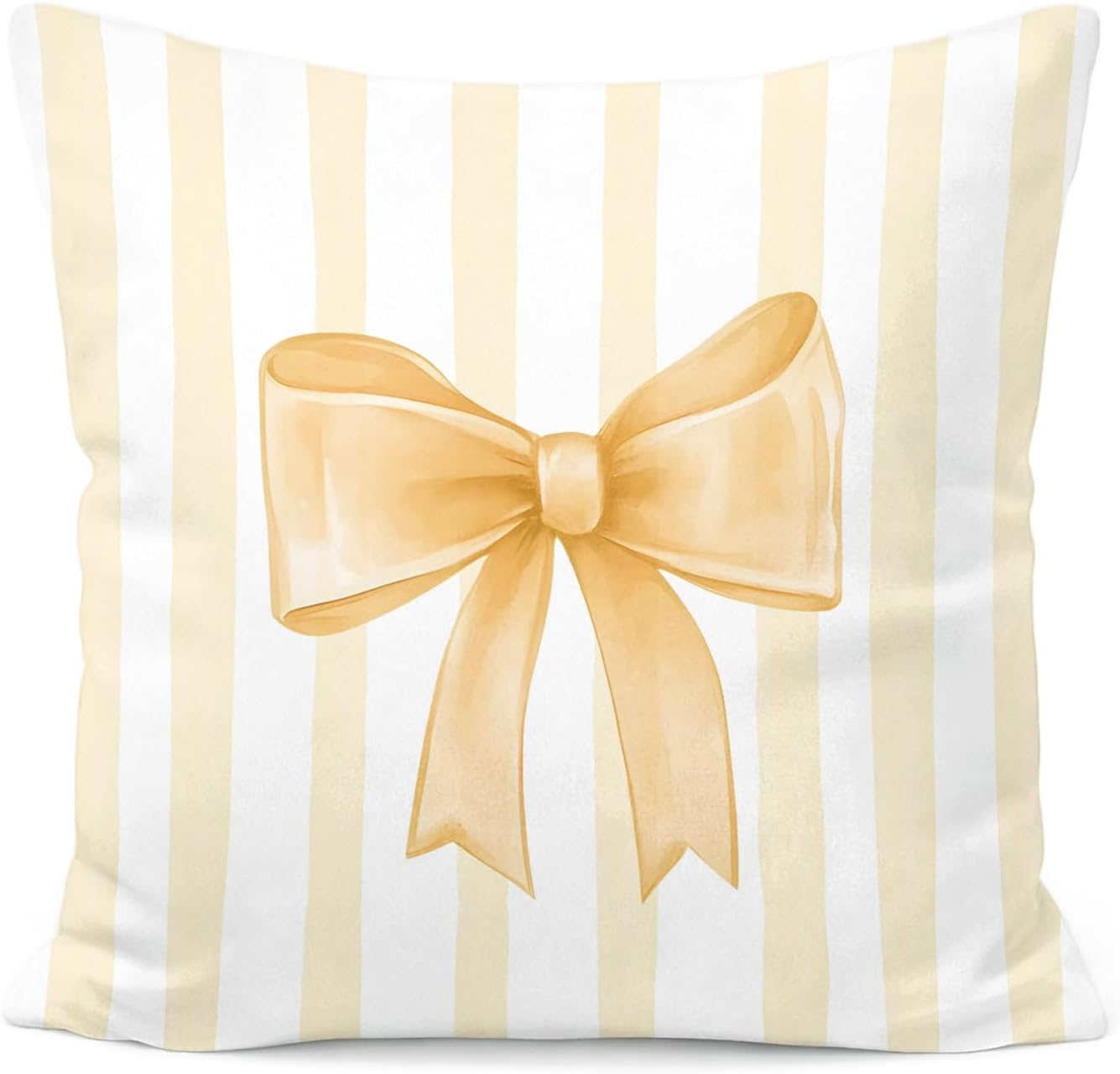 Yellow Bow Decorative Throw Pillow 18x18 Inch – Cute Blush Pink Striped Pillow Cover for Girls Room, Baby Nursery, Sofa or Bedroom Decor