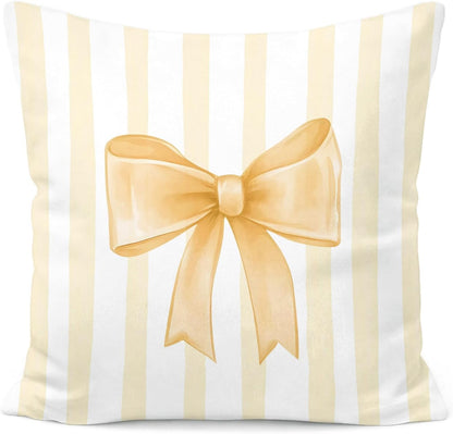 Yellow Bow Decorative Throw Pillow 18x18 Inch – Cute Blush Pink Striped Pillow Cover for Girls Room, Baby Nursery, Sofa or Bedroom Decor