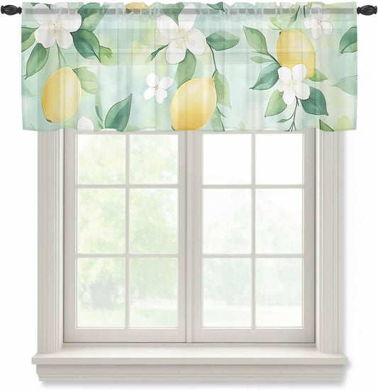 Farm Watercolor Sheer Curtain 18 Inch Long Lemon Flowers Leaf Green Background Light Filtering Rod Pocket Voile Curtain Valance for Bedroom Kitchen Cafe Window 54" W x 18" L
