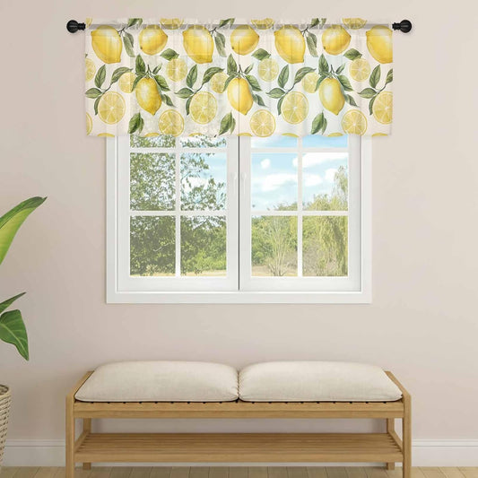 Country Watercolor Sheer Curtain 18 Inch Long Lemon Slice Fruit Leaf Beige Farmhouse Light Filtering Rod Pocket Voile Curtain Valance for Bedroom Kitchen Cafe Window 54" W x 18" L