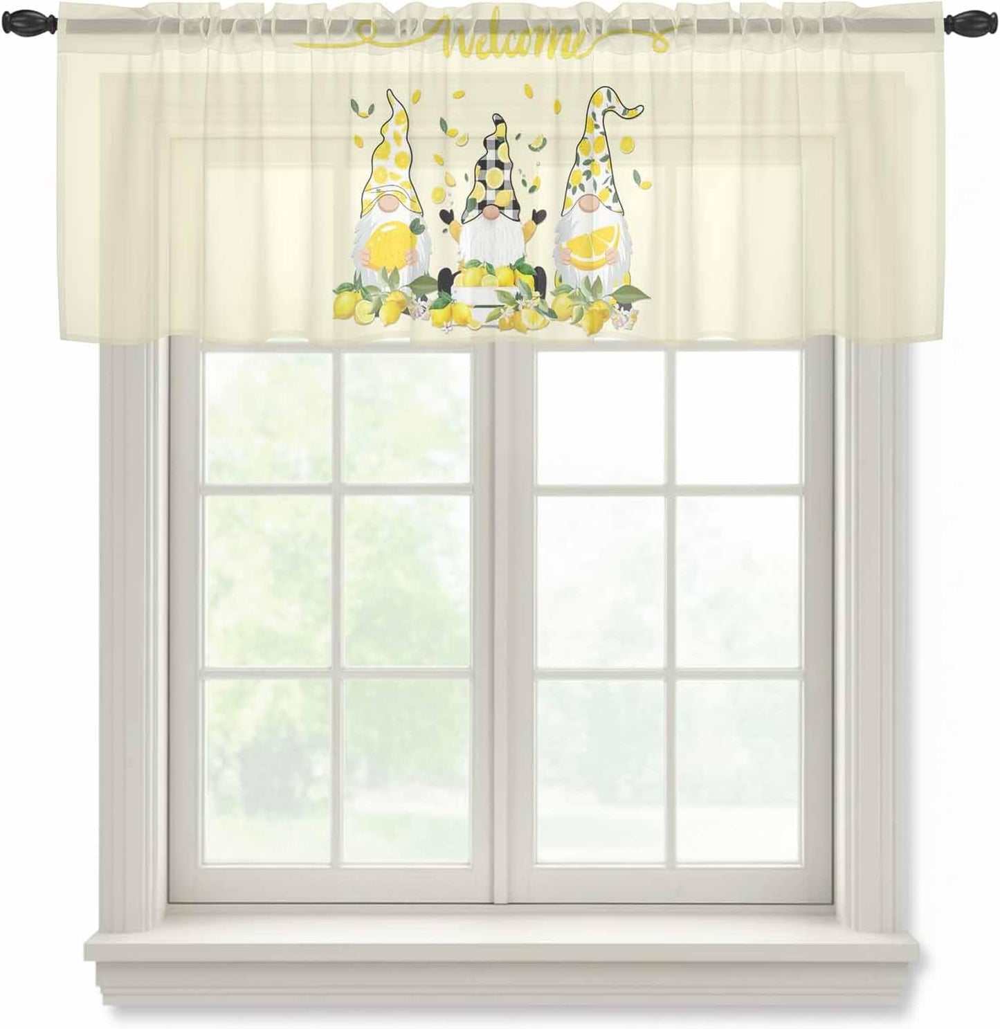Lemon Dwarf Sheer Valance Curtains, Welcome Green Leaf Summer Yellow Background Light Filtering Kitchen Valances Rod Pocket Voile Curtain Window Treatment for Bedroom/Living Room/Basement 54Wx18L