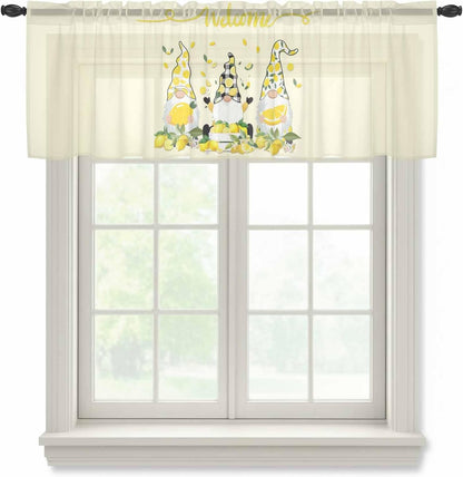Lemon Dwarf Sheer Valance Curtains, Welcome Green Leaf Summer Yellow Background Light Filtering Kitchen Valances Rod Pocket Voile Curtain Window Treatment for Bedroom/Living Room/Basement 54Wx18L