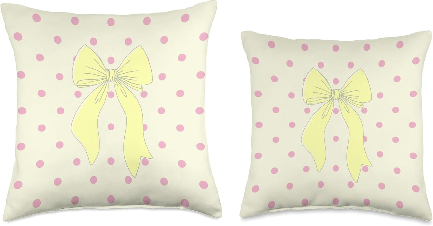 Creamy Yellow Bow Polka Dot Pink Coquette Aesthetic Art Throw Pillow