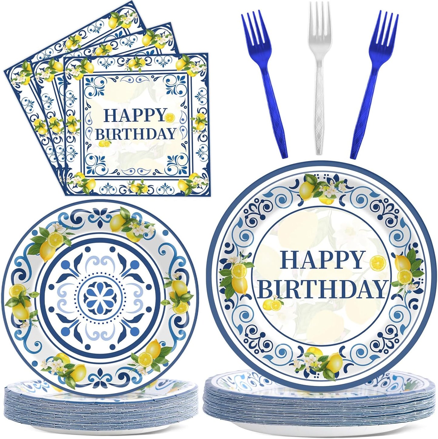96PCS Lemon Party Paper Plates and Napkins Blue Tiles Yellow Lemon Party Supplies Summer Citrus Fruit Tableware for Mediterranean Italian Lemons Themed Baby Shower Birthday Gatherings Decorations
