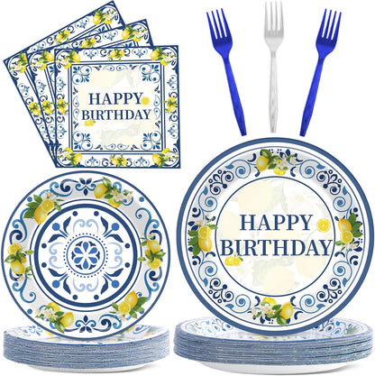 96PCS Lemon Party Paper Plates and Napkins Blue Tiles Yellow Lemon Party Supplies Summer Citrus Fruit Tableware for Mediterranean Italian Lemons Themed Baby Shower Birthday Gatherings Decorations