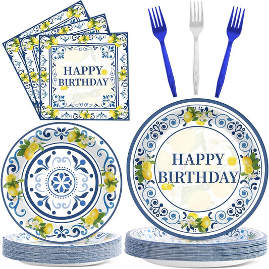 96PCS Lemon Party Paper Plates and Napkins Blue Tiles Yellow Lemon Party Supplies Summer Citrus Fruit Tableware for Mediterranean Italian Lemons Themed Baby Shower Birthday Gatherings Decorations