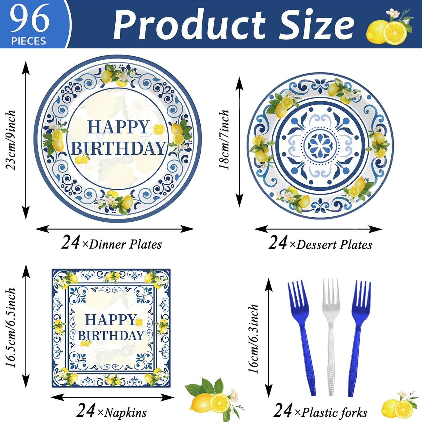 96PCS Lemon Party Paper Plates and Napkins Blue Tiles Yellow Lemon Party Supplies Summer Citrus Fruit Tableware for Mediterranean Italian Lemons Themed Baby Shower Birthday Gatherings Decorations