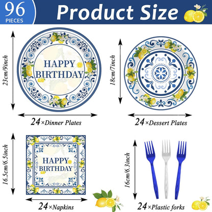 96PCS Lemon Party Paper Plates and Napkins Blue Tiles Yellow Lemon Party Supplies Summer Citrus Fruit Tableware for Mediterranean Italian Lemons Themed Baby Shower Birthday Gatherings Decorations