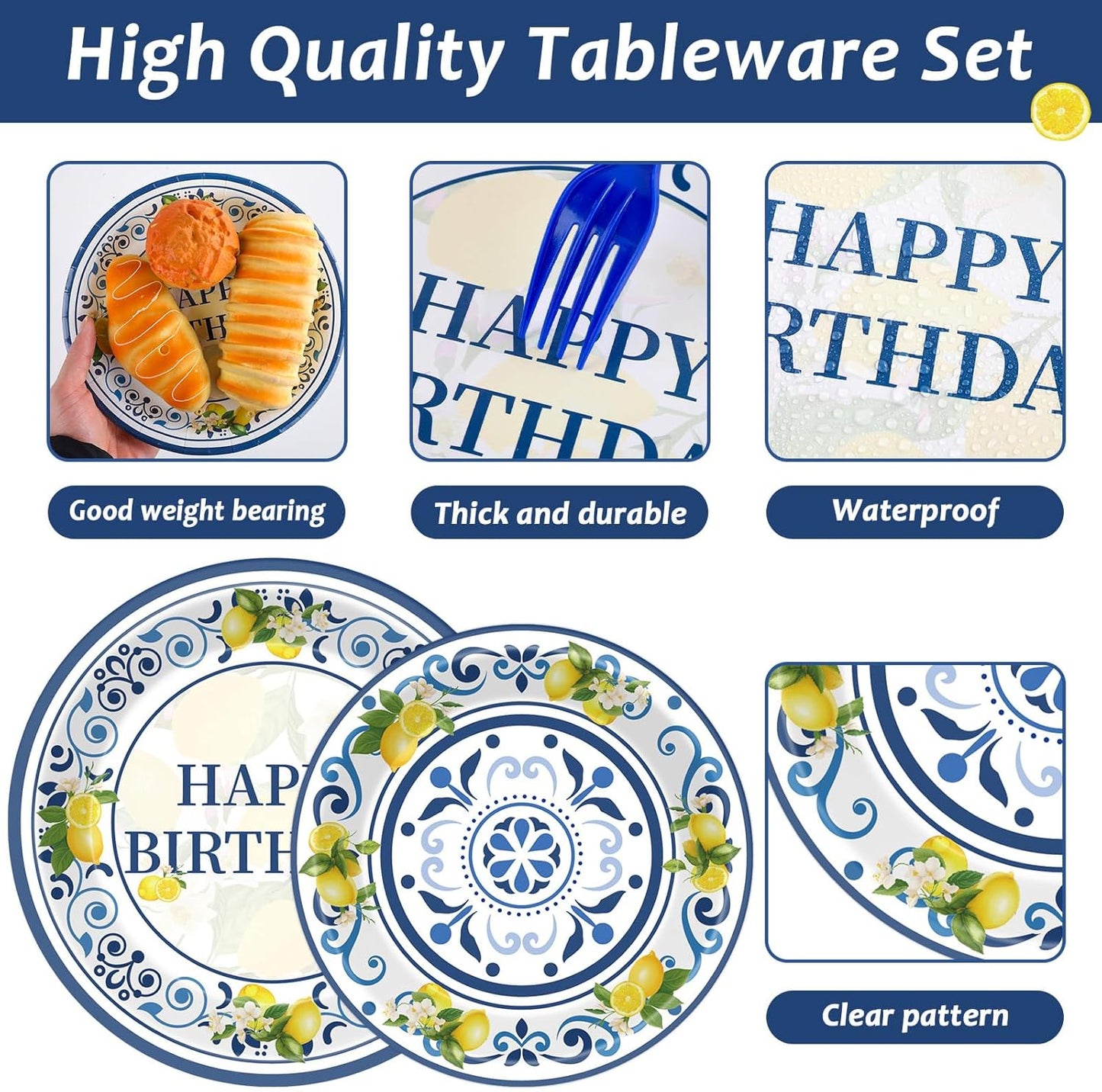 96PCS Lemon Party Paper Plates and Napkins Blue Tiles Yellow Lemon Party Supplies Summer Citrus Fruit Tableware for Mediterranean Italian Lemons Themed Baby Shower Birthday Gatherings Decorations