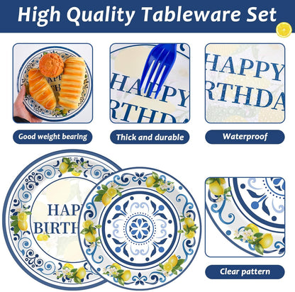 96PCS Lemon Party Paper Plates and Napkins Blue Tiles Yellow Lemon Party Supplies Summer Citrus Fruit Tableware for Mediterranean Italian Lemons Themed Baby Shower Birthday Gatherings Decorations