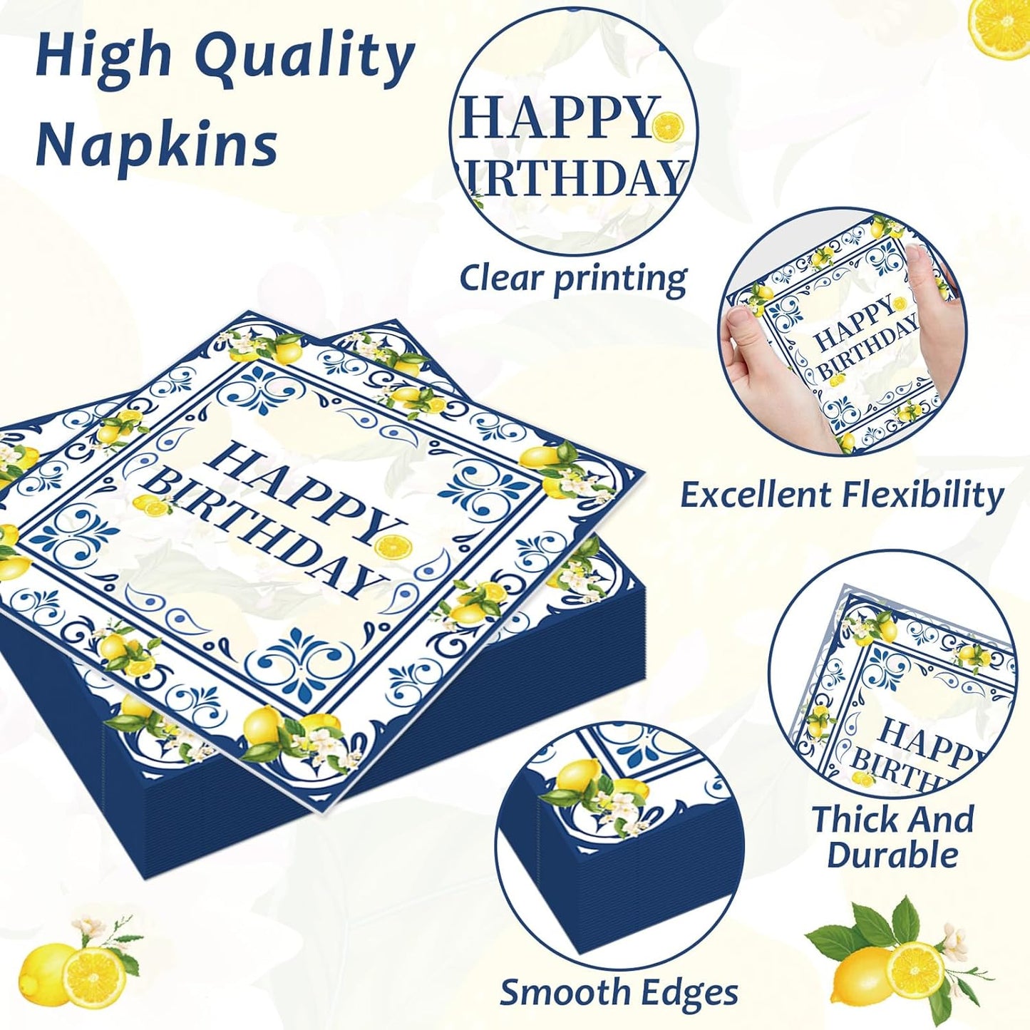 96PCS Lemon Party Paper Plates and Napkins Blue Tiles Yellow Lemon Party Supplies Summer Citrus Fruit Tableware for Mediterranean Italian Lemons Themed Baby Shower Birthday Gatherings Decorations