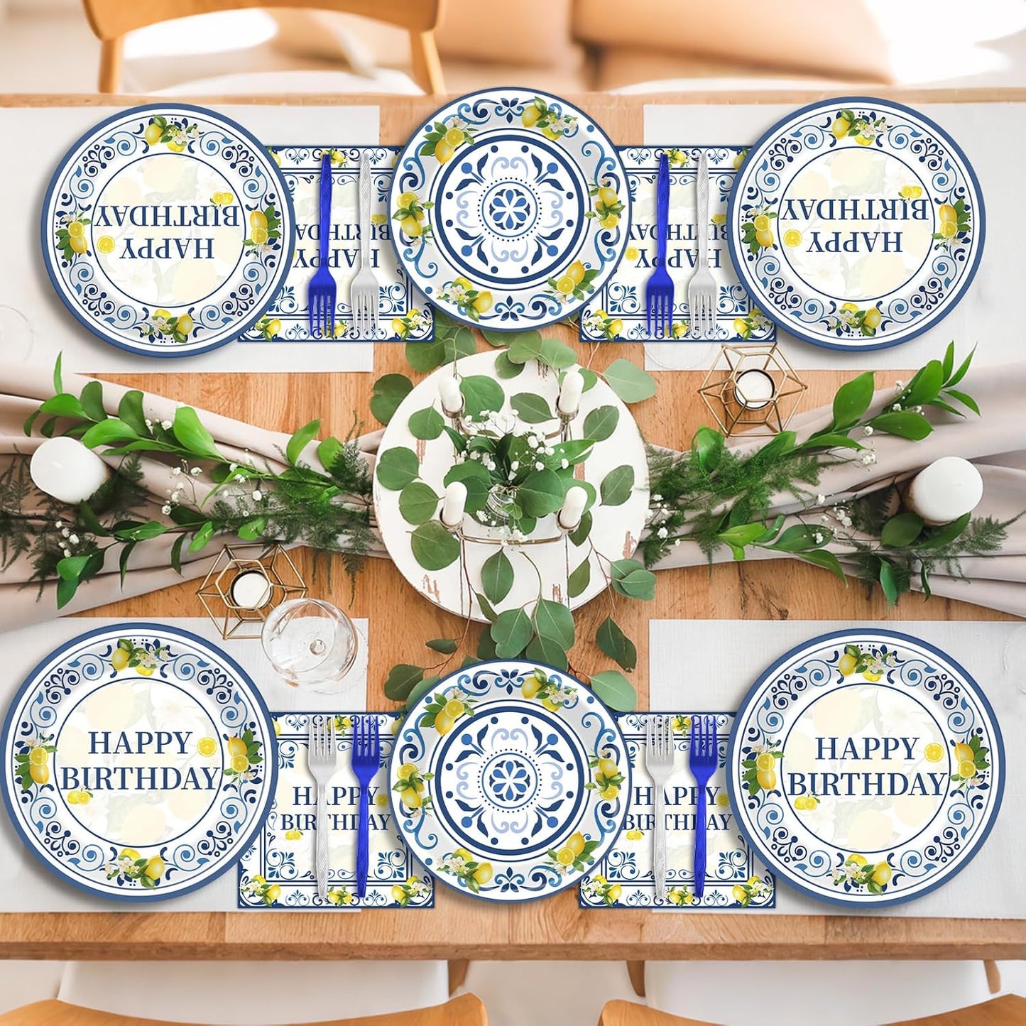 96PCS Lemon Party Paper Plates and Napkins Blue Tiles Yellow Lemon Party Supplies Summer Citrus Fruit Tableware for Mediterranean Italian Lemons Themed Baby Shower Birthday Gatherings Decorations
