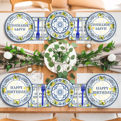 96PCS Lemon Party Paper Plates and Napkins Blue Tiles Yellow Lemon Party Supplies Summer Citrus Fruit Tableware for Mediterranean Italian Lemons Themed Baby Shower Birthday Gatherings Decorations