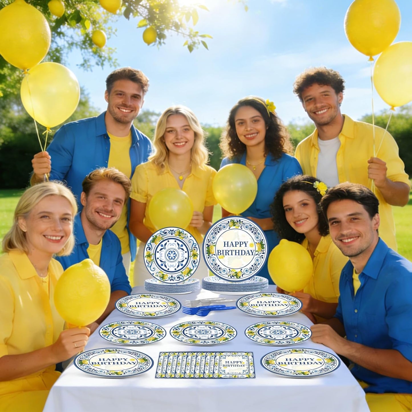 96PCS Lemon Party Paper Plates and Napkins Blue Tiles Yellow Lemon Party Supplies Summer Citrus Fruit Tableware for Mediterranean Italian Lemons Themed Baby Shower Birthday Gatherings Decorations