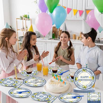 96PCS Lemon Party Paper Plates and Napkins Blue Tiles Yellow Lemon Party Supplies Summer Citrus Fruit Tableware for Mediterranean Italian Lemons Themed Baby Shower Birthday Gatherings Decorations