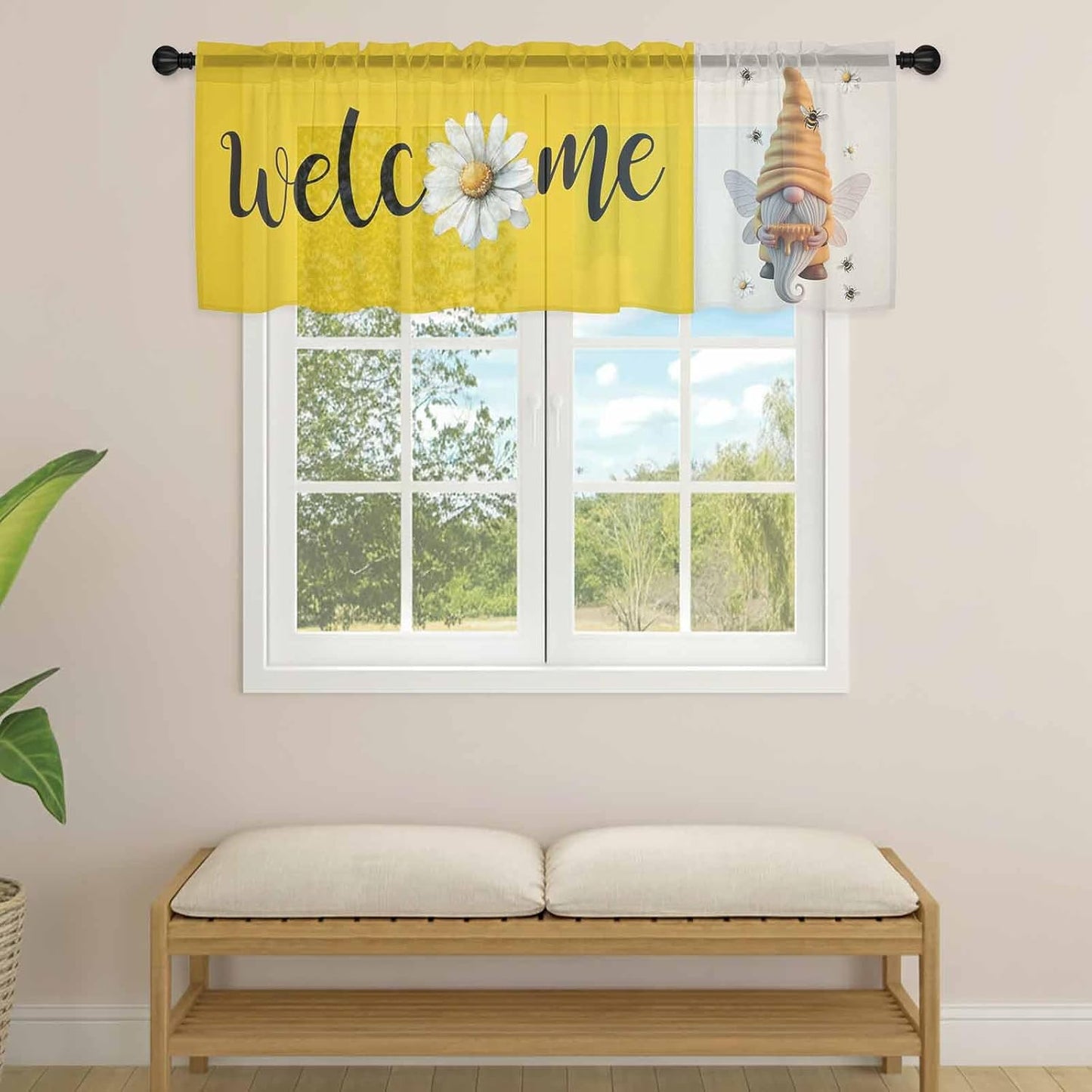 Honey Welcome Sheer Valance Curtains, Yellow Bee Gnome Wings Daisy Farmhouse Linen Light Filtering Kitchen Valances Rod Pocket Voile Curtain Window Treatment for Bedroom/Living Room/Basement 54Wx18L