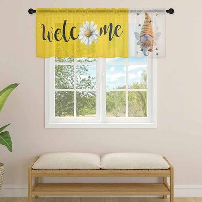 Honey Welcome Sheer Valance Curtains, Yellow Bee Gnome Wings Daisy Farmhouse Linen Light Filtering Kitchen Valances Rod Pocket Voile Curtain Window Treatment for Bedroom/Living Room/Basement 54Wx18L