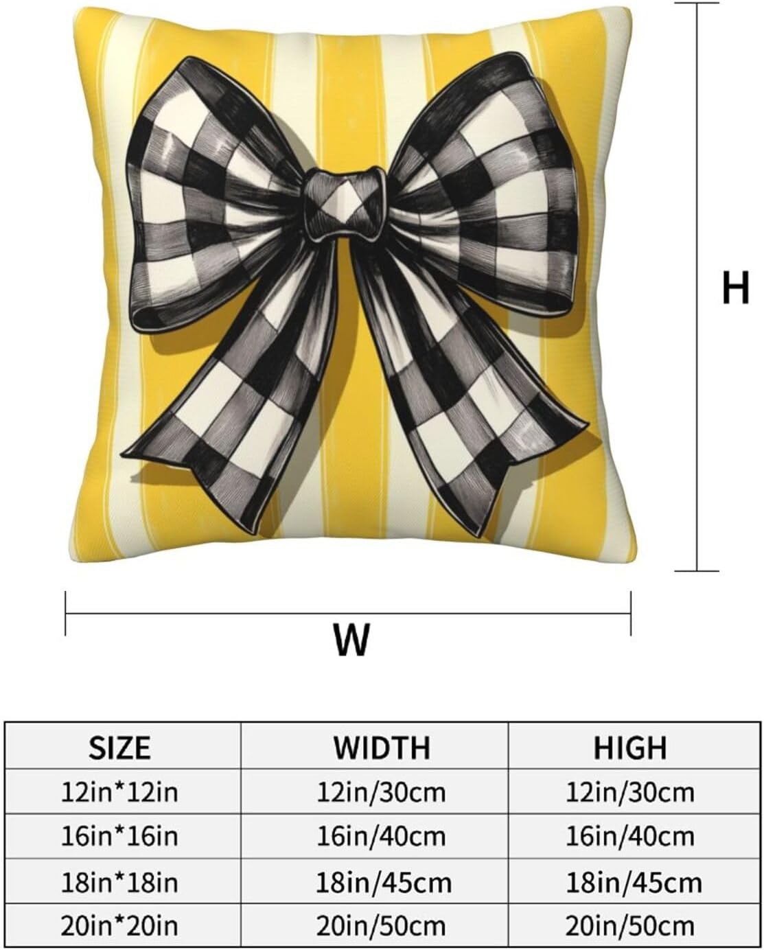 Black White Checkered Bow On Yellow Stripe Throw Pillows Covers, Couch Sofa Pillow Cases,Zipper Bedding Cushion Cases for Living Room,18x18 Inch