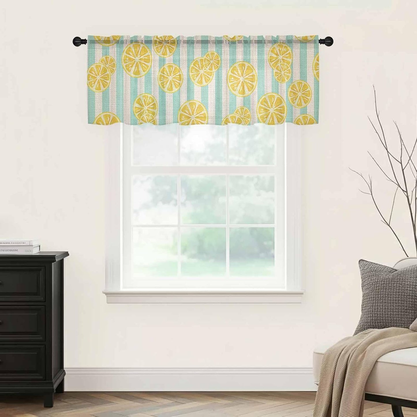 Sheer Window Valance Yellow Lemon Stripes Semi Voile Short Curtain Rod Pocket Summer Fruit White Blue Valances Window Treatment for Bedroom Living Room Kitchen 54x18in