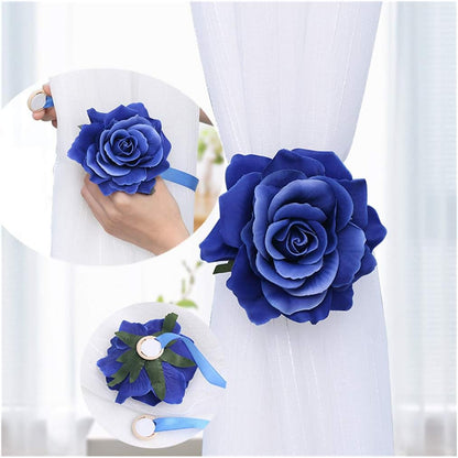 2Pcs Curtain Buckle Tiebacks Rope with Magnets Stick Anywhere Holdbacks for Window Curtain Rope Length 40cm Rose Flower-Yellow
