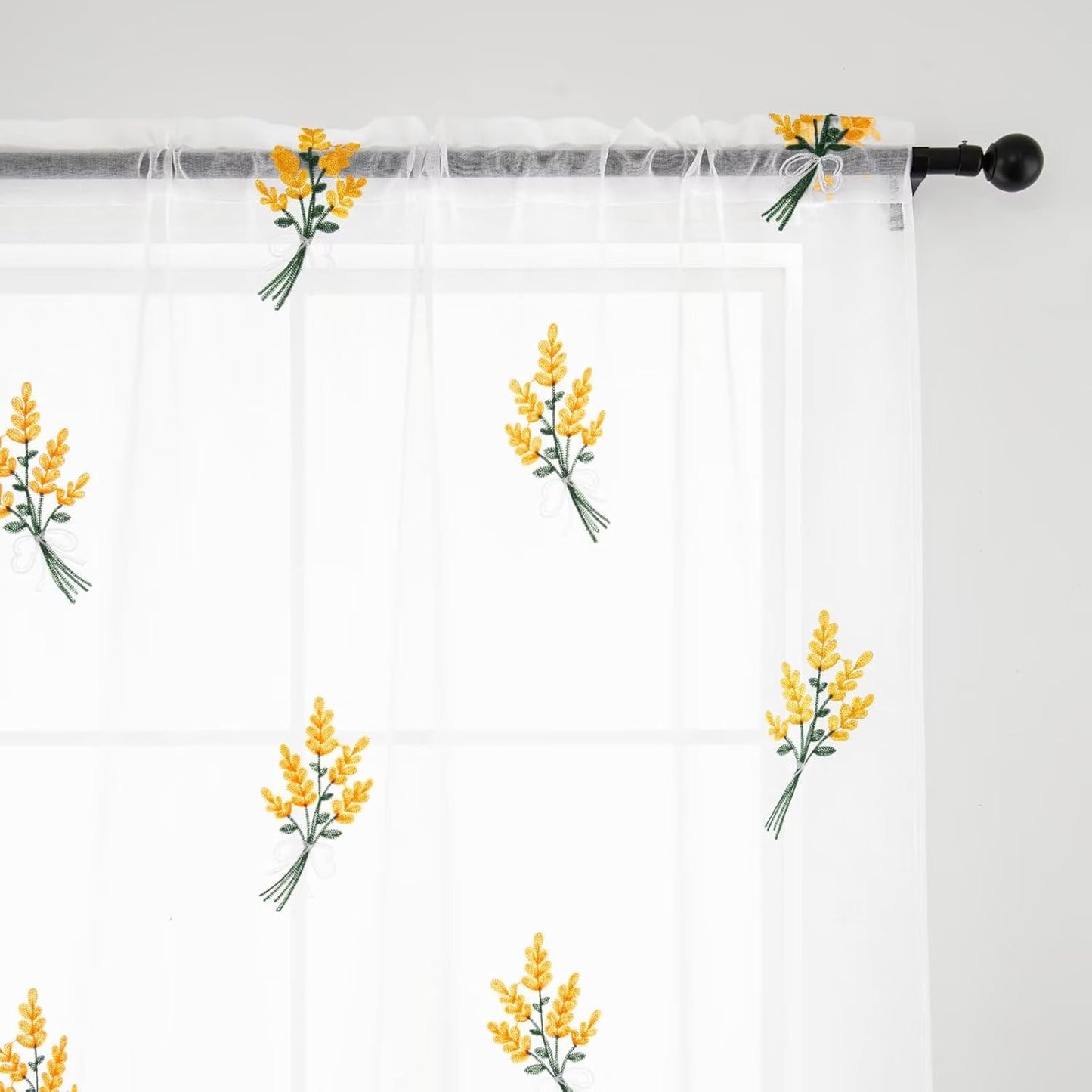 Floral Sheer Curtains Embroidered Lavender Patterned Semi-Sheer Curtain 84 Inches Long 2 Panels Rod Pocket Spring Voile Drapes for Living Room, Bedroom(W52 x L84 Inch, White&Yellow)
