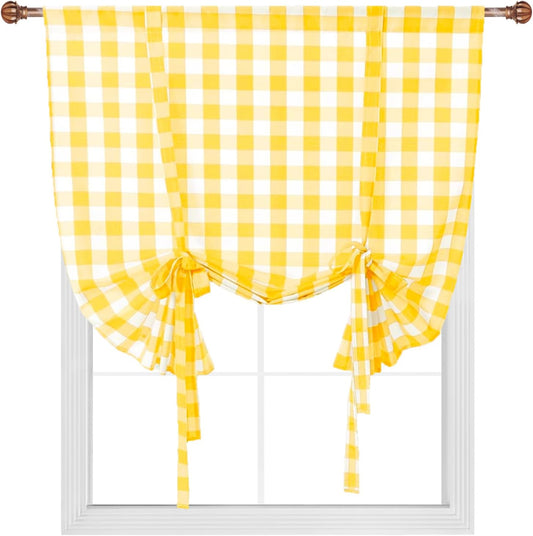 Hiasan Buffalo Check Tie Up Curtains for Small Windows - Semi Sheer Light Filtering Balloon Kitchen Curtain for Spring Rod Pocket, Orange Yellow and White, 42 x 63 inch, 1 Panel
