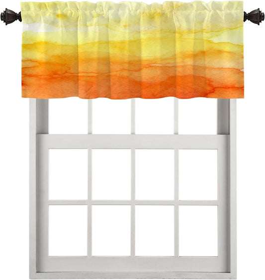 Abstract Orange Watercolor Kitchen Valances Window Curtain, Yellow Orange Paint Art Design Blackout Decoration Small Window Valances Curtains Drapes for Kitchen Bedroom, 52 X 18 Inch
