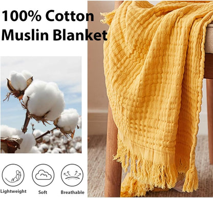 Simple&Opulence Cotton Muslin Throw Blanket for Bed, Couch, Knit Woven Gauze Blanket with Tassels, Soft Lightweight Cozy Pre-Washed Breathable Farmhouse Decoration for All-Season (Yellow)