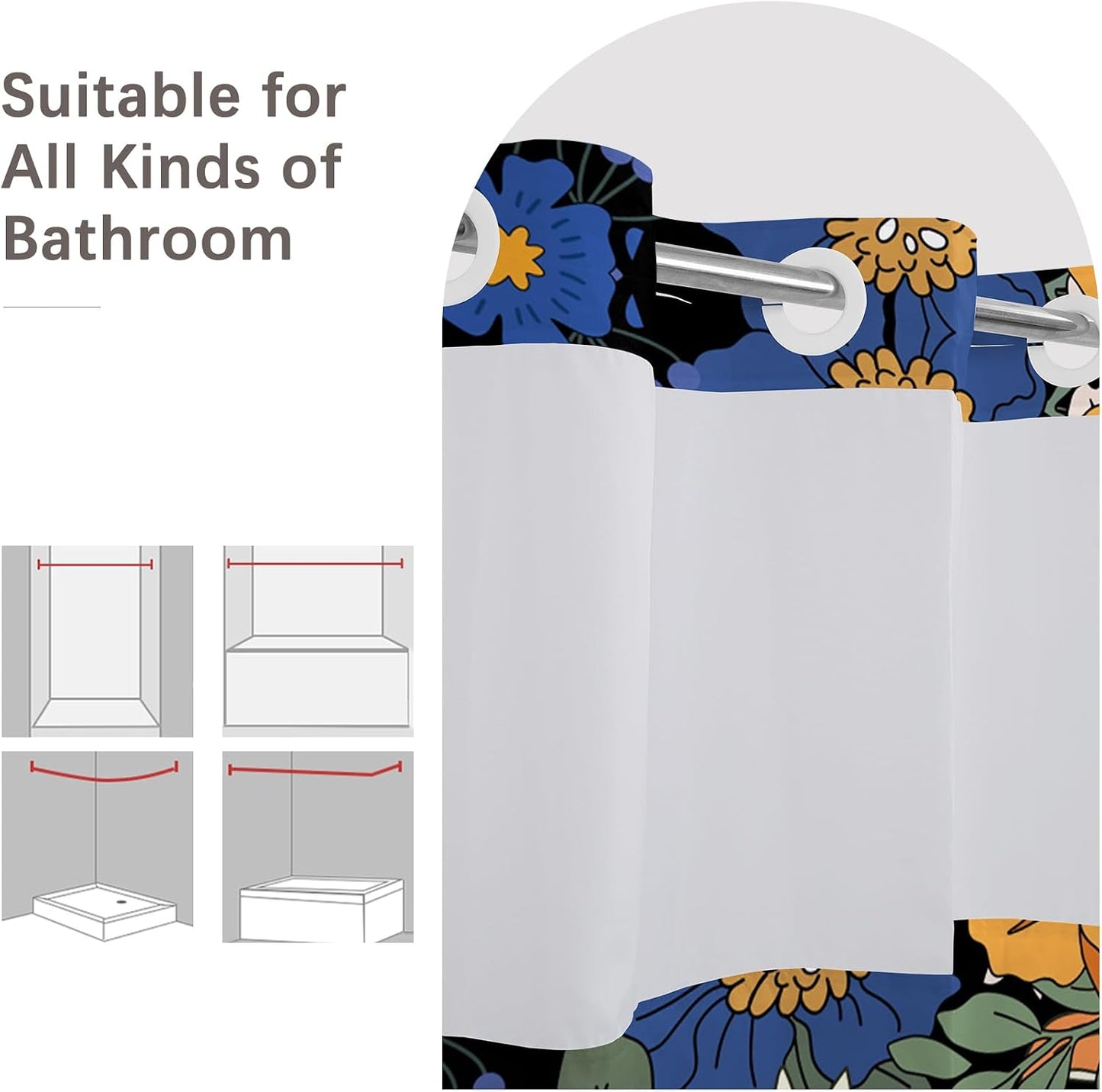 No Hook Shower Curtain,Dark Boho Flower Double-Layered Shower Curtain with Snap-in Liner and Weights,Yellow Blue Flower Floral Fabric Bath Curtain with See Through Mesh, 71x74in