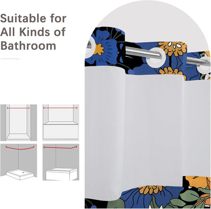 No Hook Shower Curtain,Dark Boho Flower Double-Layered Shower Curtain with Snap-in Liner and Weights,Yellow Blue Flower Floral Fabric Bath Curtain with See Through Mesh, 71x74in