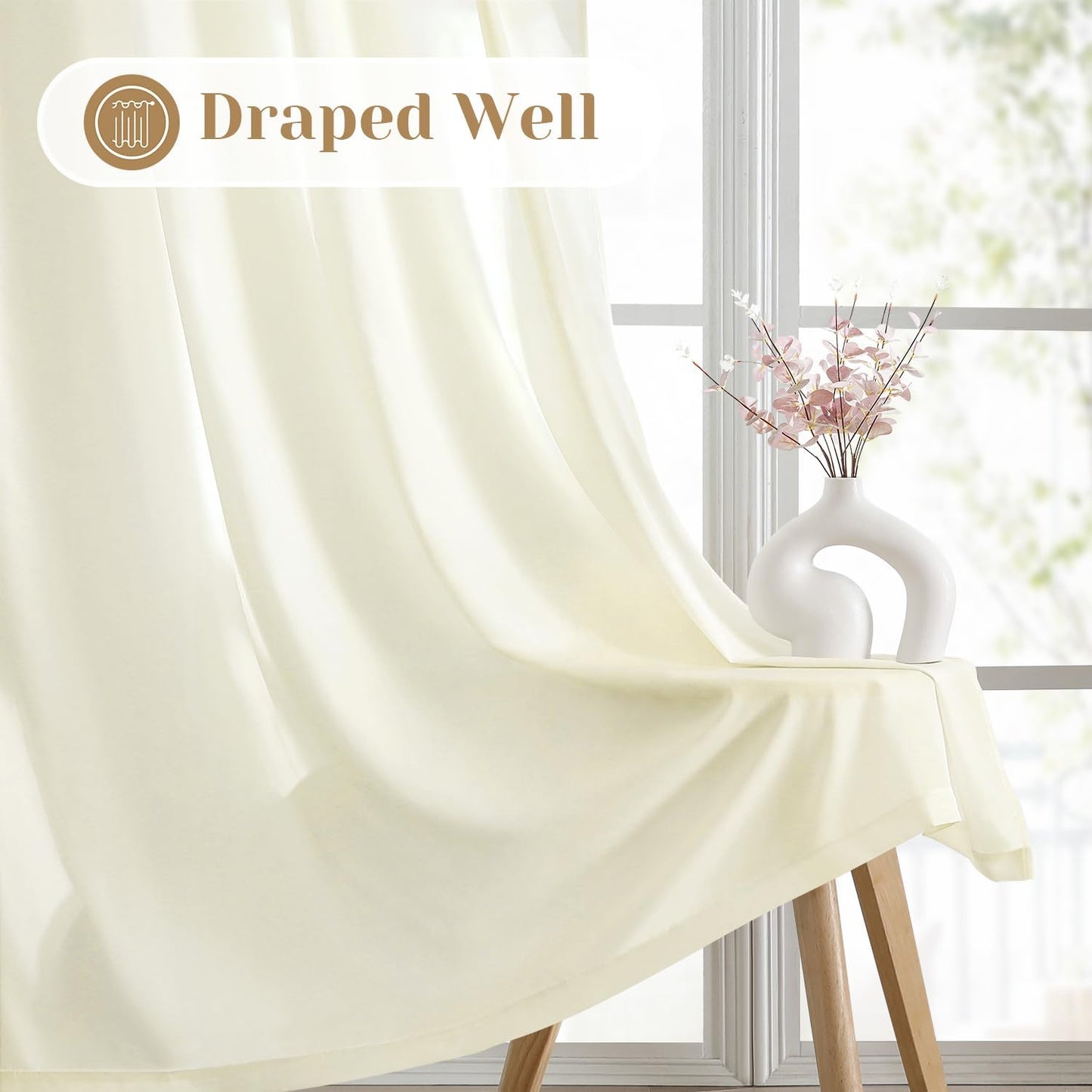 HOMEIDEAS Non-See-Through Cream Yellow Privacy Sheer Curtains, 52 X 54 Inches Long 2 Panels Light Yellow Sheer Curtains Light Filtering Window Drapes for Bedroom Living Room
