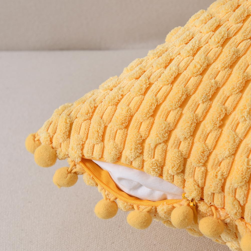 Fancy Homi Set of 2 Yellow Decorative Throw Pillow Covers 20x20 Inch with Pom-poms for Couch Bed Sofa, Modern Farmhouse Boho Spring Home Decor, Soft Plush Corduroy Cute Cushion Case 50x50 cm
