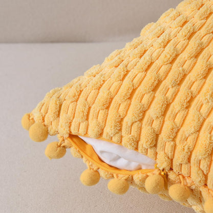 Fancy Homi Set of 2 Yellow Decorative Throw Pillow Covers 20x20 Inch with Pom-poms for Couch Bed Sofa, Modern Farmhouse Boho Spring Home Decor, Soft Plush Corduroy Cute Cushion Case 50x50 cm
