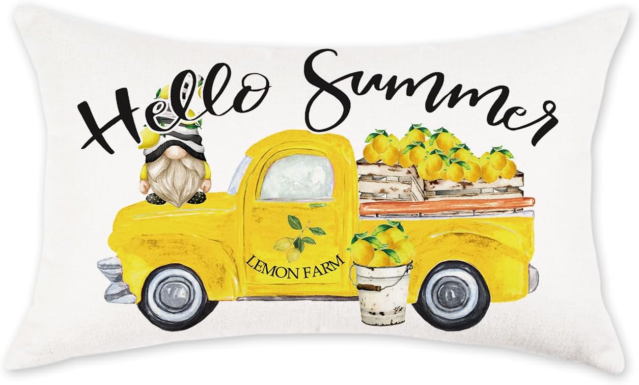 TAJWE Hello Summer Throw Pillow Cover 12x20 Inch Yellow Truck Lemon Gnome Decorative Pillowcase Farmhouse Seasonal Lumbar Cushion Case for Sofa Couch Porch Home Decor
