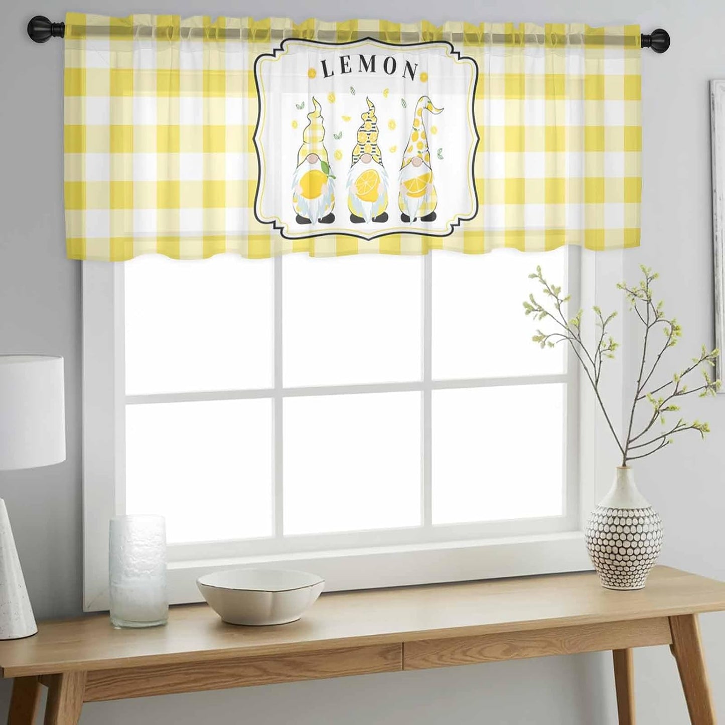 Sheer Valances for Windows Lemon and Gnomes Window Valances Rod Pocket Yellow Check Plaid Buffalo Window Treatment Sheer Curtains for Kitchen Living Room Bedroom Bathroom 54x18in