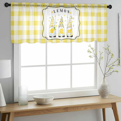 Sheer Valances for Windows Lemon and Gnomes Window Valances Rod Pocket Yellow Check Plaid Buffalo Window Treatment Sheer Curtains for Kitchen Living Room Bedroom Bathroom 54x18in