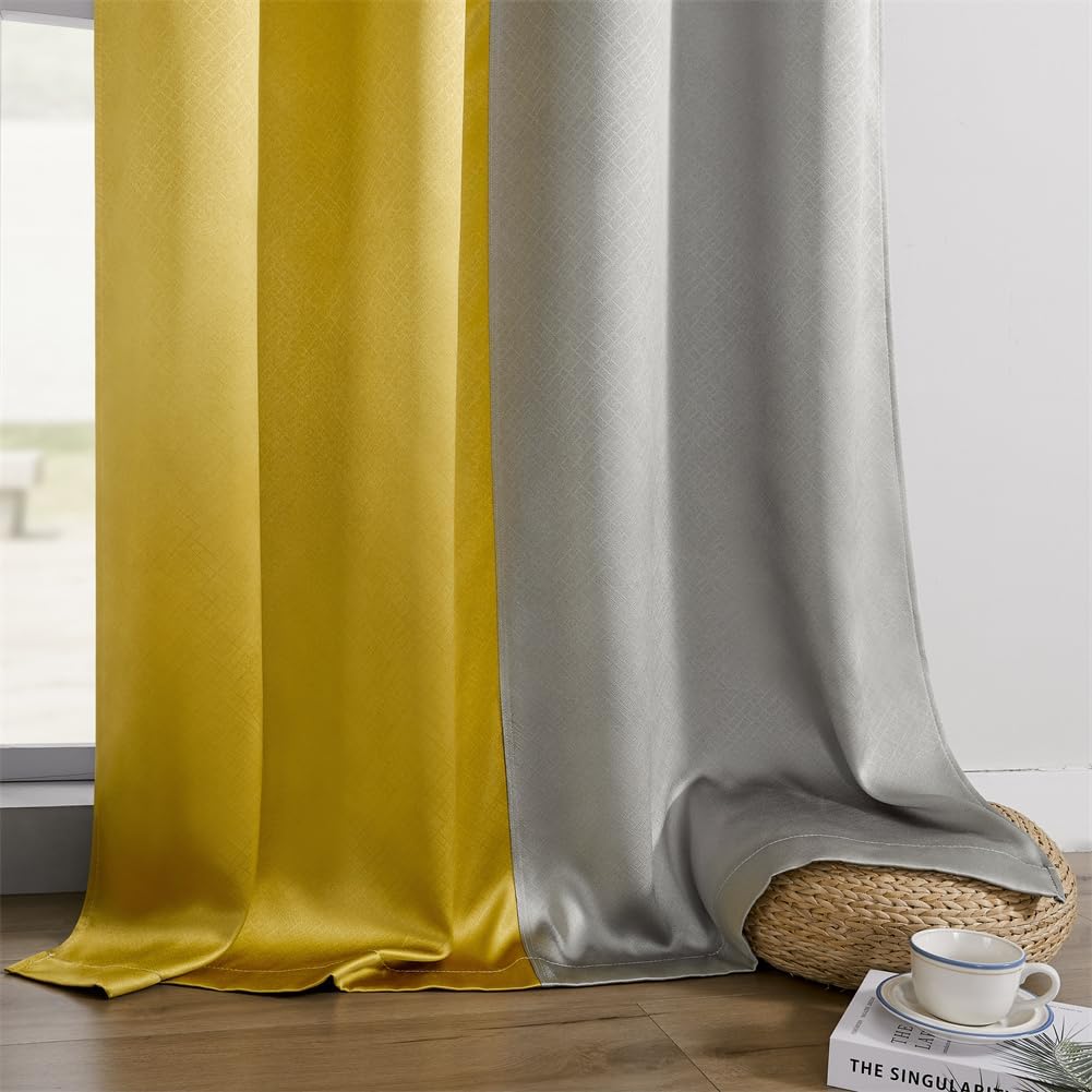 F-CHU 100% Blackout Curtains for Bedroom Grey and Mustard Yellow Patchwork Curtains Thermal Insulated Room Darkening Window Drapes for Living Room Grommet 63 inch Long 2 Panels