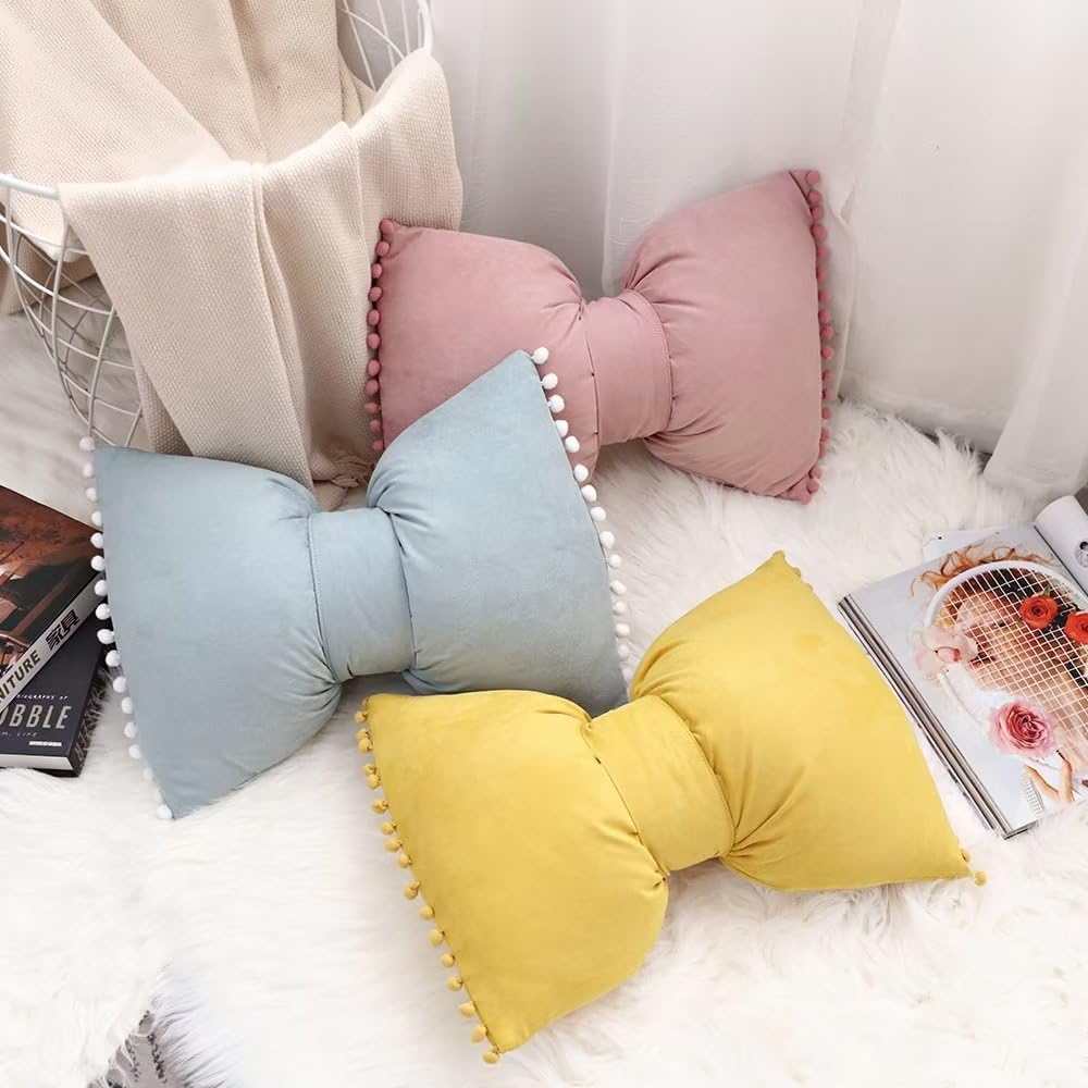 14x20 Decorative Throw Pillow Covers with Pom Poms Bow Velvet Pillow Cases for Room Bed Sofa Couch Yellow x2