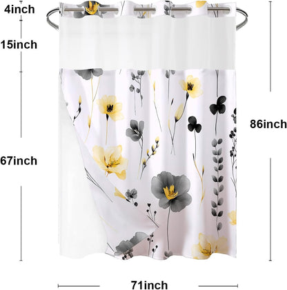 No Hook Floral Shower Curtains with Snap-in Liner Set for Bathroom, Hotel Style Double Layers with See Through Mesh Top Window, Yellow Grey Flower Fabric Bath Curtain Home Décor, 71x86 Inch