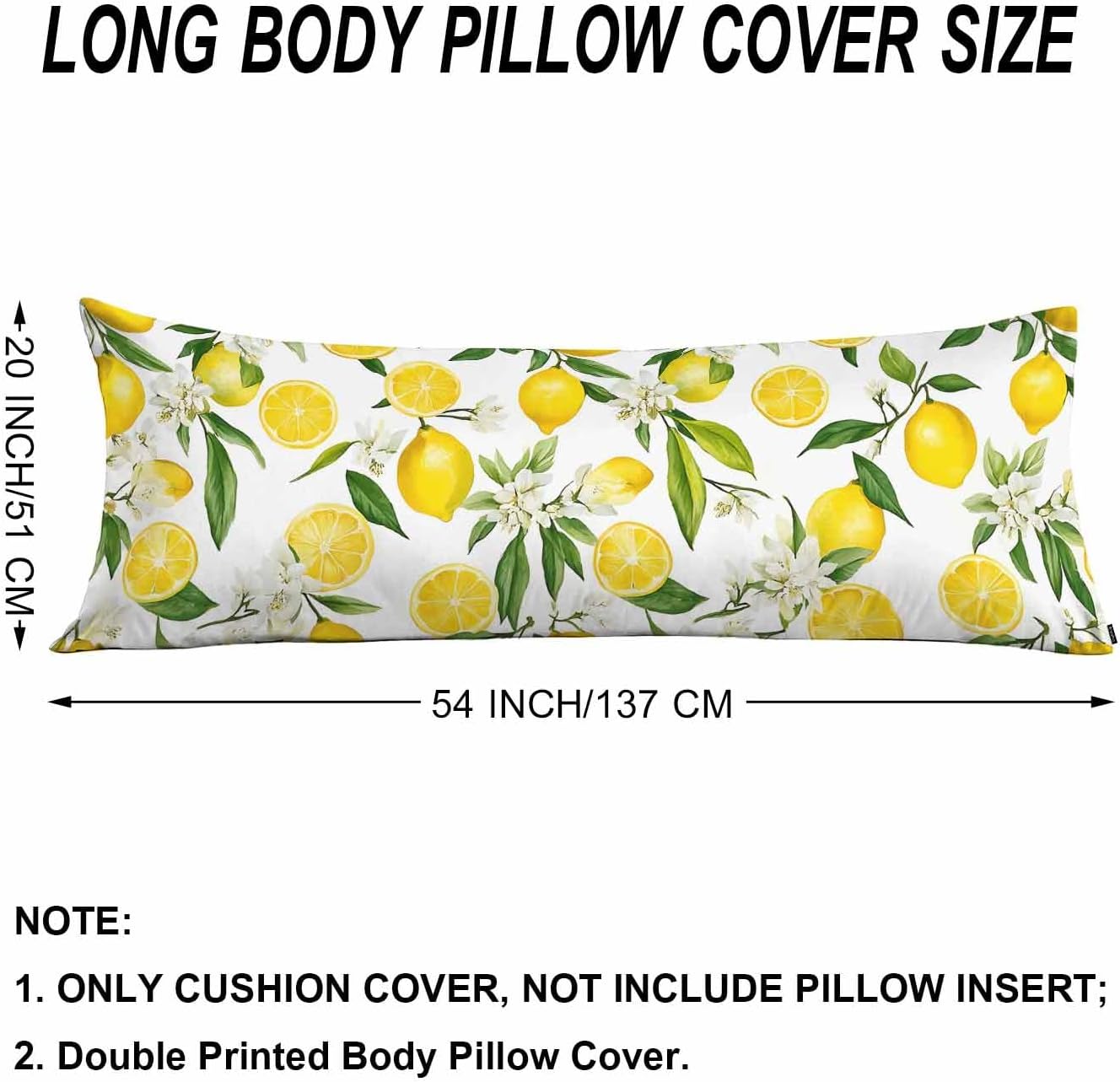 Decorative Home Body Pillow Covers Lemon, Floral Lemon Yellow Breathable Pillow Cushion Cases Lumbar Body Pillow Cover Soft Body Pillowcase for Bedroom Couch Sofa 20x54 Inch
