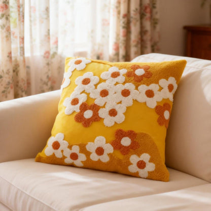 Tufted Yellow Flower Throw Pillow Cover 18x18in,Boho Floral Embroidered Pillow Cover,Summer Decorative Coushion Cover for Couch, Sofa, Bed, Living Room,Bedroom