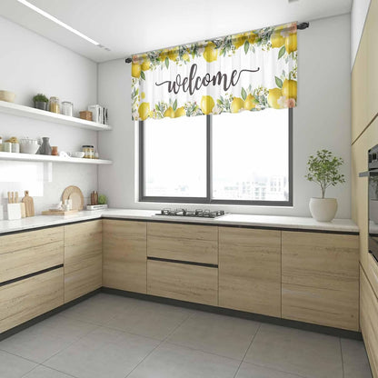 Country Sheer Curtain 18 Inch Long Welcome Yellow Lemon Farm White Background Light Filtering Rod Pocket Voile Curtain Valance for Bedroom Kitchen Cafe Window 54" W x 18" L
