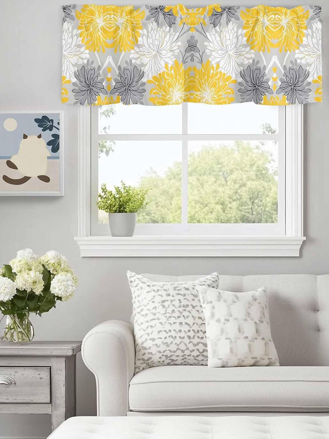 Savannan Window Valance Curtain, Abstract Flowers on Gray Rod Pocket Short Curtain Valances for Kitchen Bedroom Living Room Cafe 1 Panel 42x18in Watercolor Yellow White Flowers