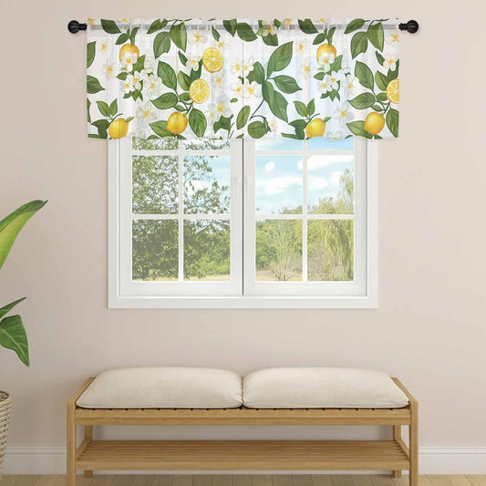 Rustic Watercolor Sheer Curtain 18 Inch Long Yellow Lemon and Green Leaf Floral Light Filtering Rod Pocket Voile Curtain Valance for Bedroom Kitchen Cafe Window 54" W x 18" L