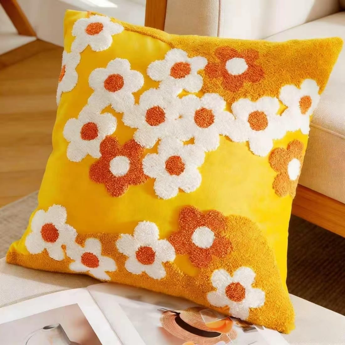 Tufted Yellow Flower Throw Pillow Cover 18x18in,Boho Floral Embroidered Pillow Cover,Summer Decorative Coushion Cover for Couch, Sofa, Bed, Living Room,Bedroom