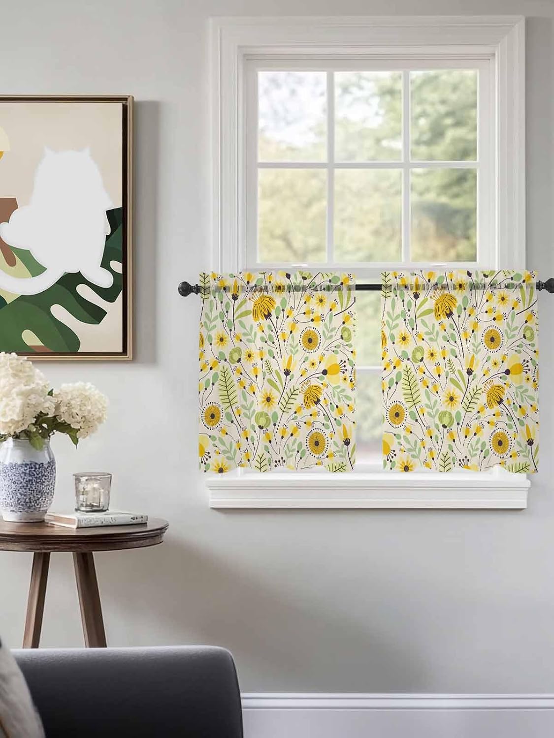 Yellow Abstract Botanical Sheer Kitchen Tier Curtains 24 inch length, Farmhouse Seasonal Garden Floral Window Valances, Spring Flowers Rod Pocket Short Curtains for Small Windows 27.5"x24" 2 Panels