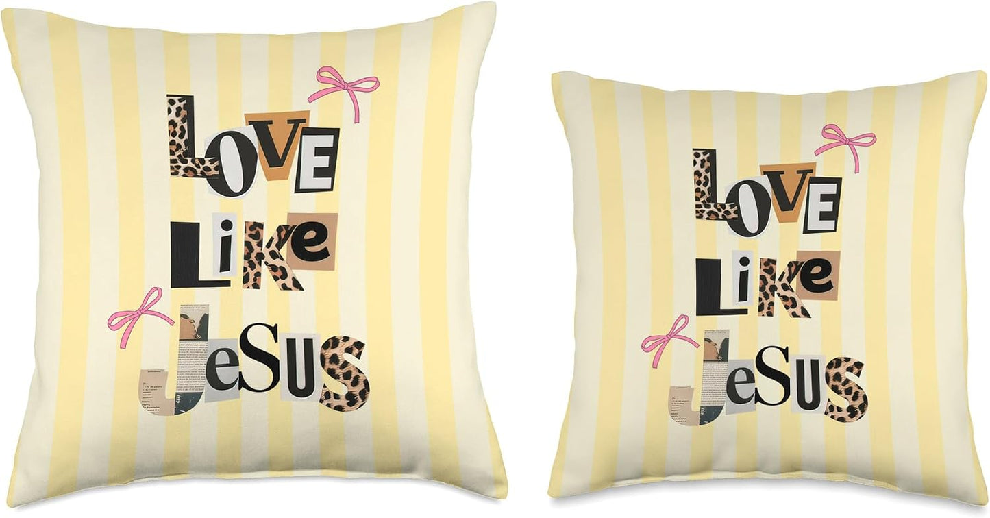 Preppy Christian Love Like Jesus Bow Collage Yellow Stripes Throw Pillow